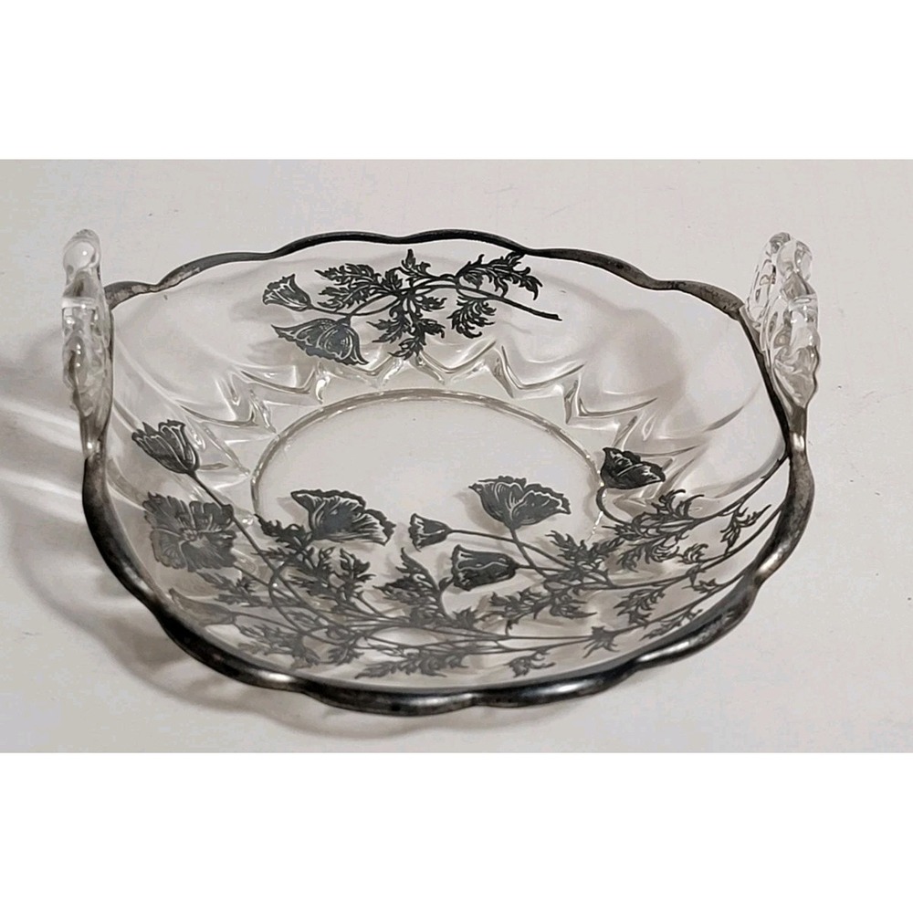 Vintage Silver City Flanders Poppy Sterling Silver Overlay Glass 3 Footed Dish